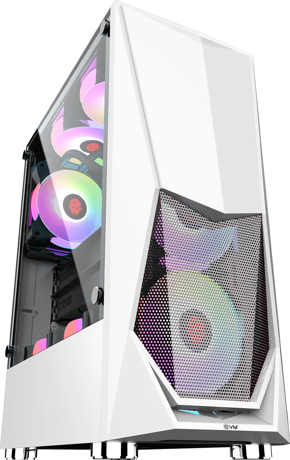 Cabinet EVM Gaming Nitro-2.0 With Fan | Tempered Glass, Support ATX, Micro ATX, ITX, 1*USB 3.0 + 2*USB 2.0 + HD Audio, SPCC White Coating Material, Front Panel Plastic & Mesh, Top Panel Magnetic Dust Filter, 120mm RGB Fan, Strong & Sleek Design, White