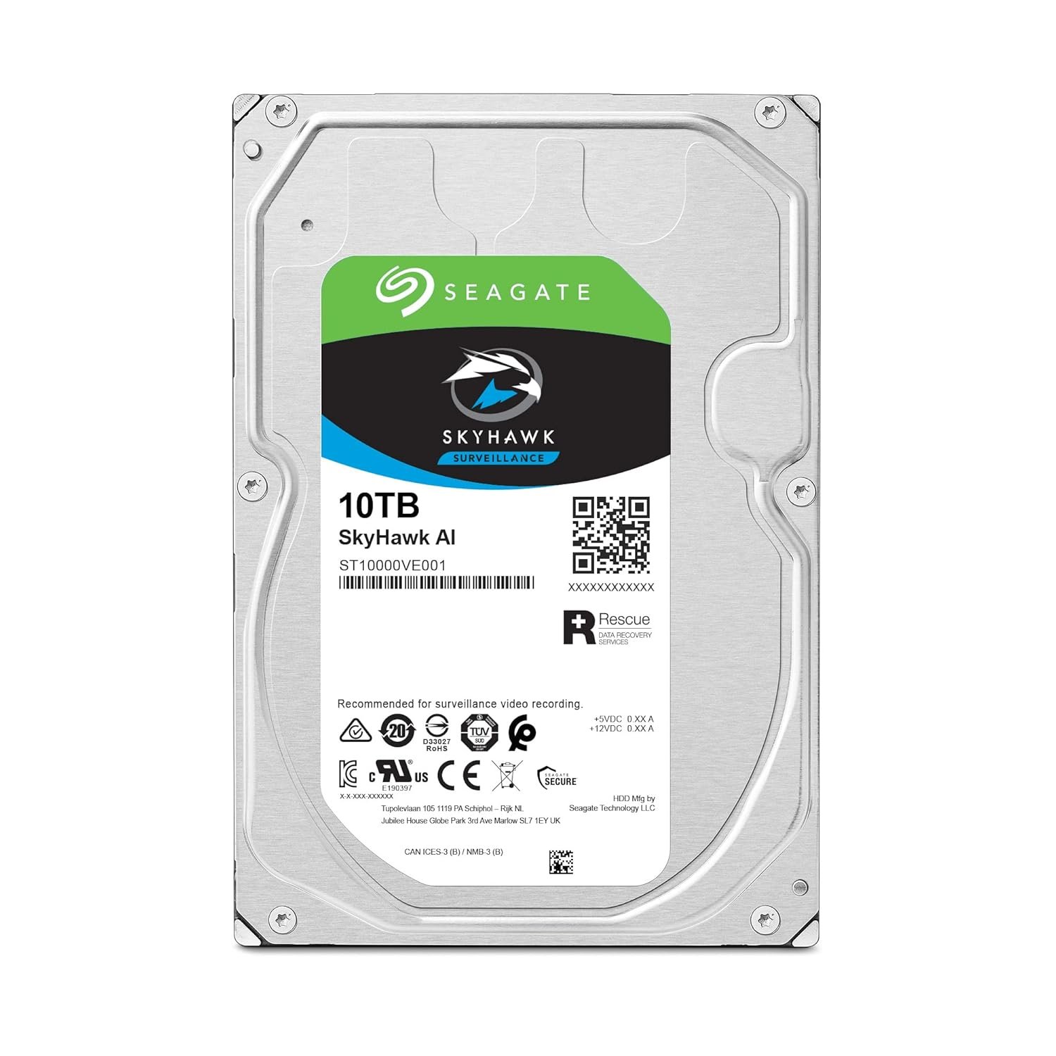 Harddisk Seagate Skyhawk AI 10TB Video Internal Hard Drive HDD 3.5 Inch SATA 6Gb/s 256MB Cache for DVR, NVR, Security Camera System (ST10000VE001)