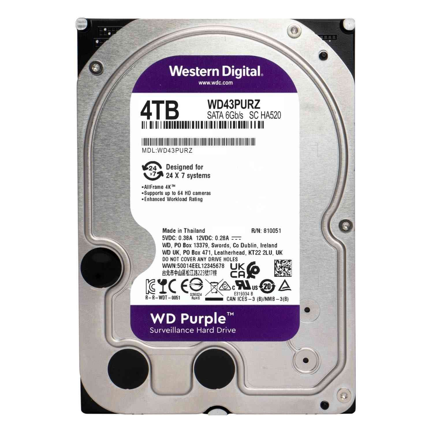 Harddisk WD 4tb Surveillance, 6 Gb/s SATA, 256MB Cache, 3.5 Inch WD43PURZ (Purple)