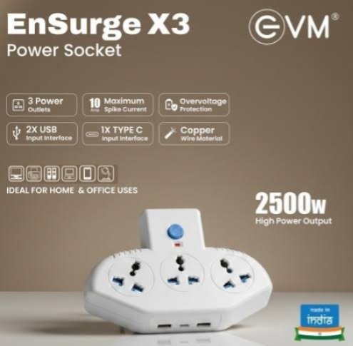 Spike Guard EVM EnSurge-04 | EnSurge X3 Power Socket, 2500w High Power Output, Compact Size, Pure Copper Inside, 3 Power Outlets, 2 x USB, 1 x Type-c, Ideal For Home & Office Use, White