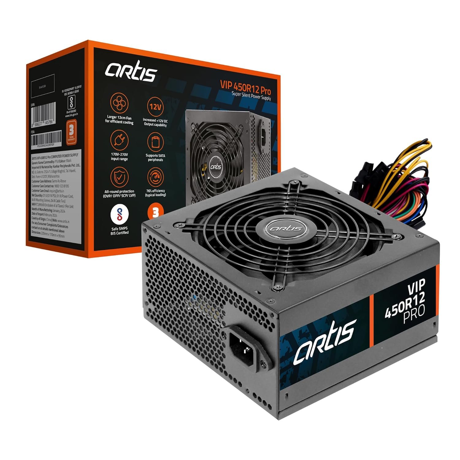 Power Supply Smps Artis VIP 450R 12 Pro | 450W 120mm Smart Temperature Control Fan, Supports The Latest ATX 12V Intel & AMD Platforms, Hi-Pot Tested, Power Cord Included, Black