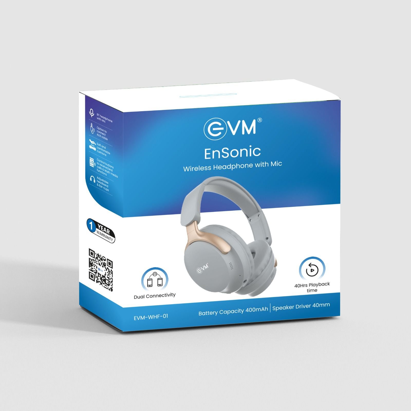 Headphone EVM EnSonic EVM-WHF-01 | Wireless Blutooth Headphone With Mic, 40 Hours Playtime, Dual Connectivity, Bluetooth 5.3 + EDR, 400mAh Rechargeable Battery, Type-C Interface, Aux Cable Interface, Raised Buttons, 40mm Speaker Driver, Grey