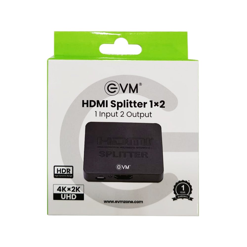 Splitter HDMI EVM 1 X 2 HDS12 | HDMI Splitter 1 in 2 Out, Supports HDMI 4K x 2K UHD, 30HZ, HDR, Plug & Play, WITHOUT ADAPTER, Black
