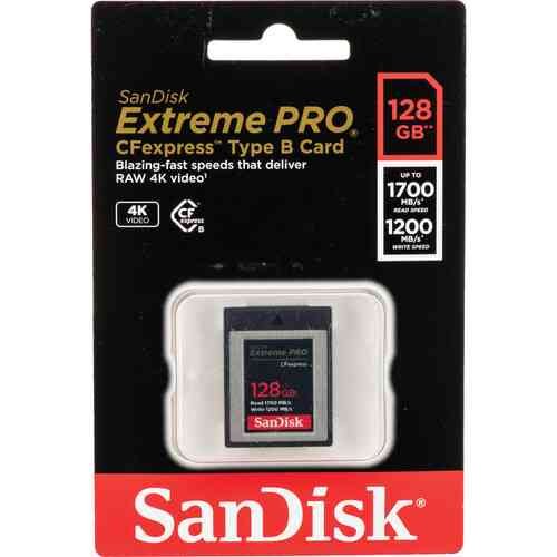 Card SanDisk SDCFE-128G-GN4NN Extreme Pro Cfexpress Type B Card,1700 MB/s R & 1200 MB/s , Enables smooth, RAW 4K video , CFexpress Card Type B is backwards-compatible with select XQD cameras that adopt firmware enabling CFexpress | Black