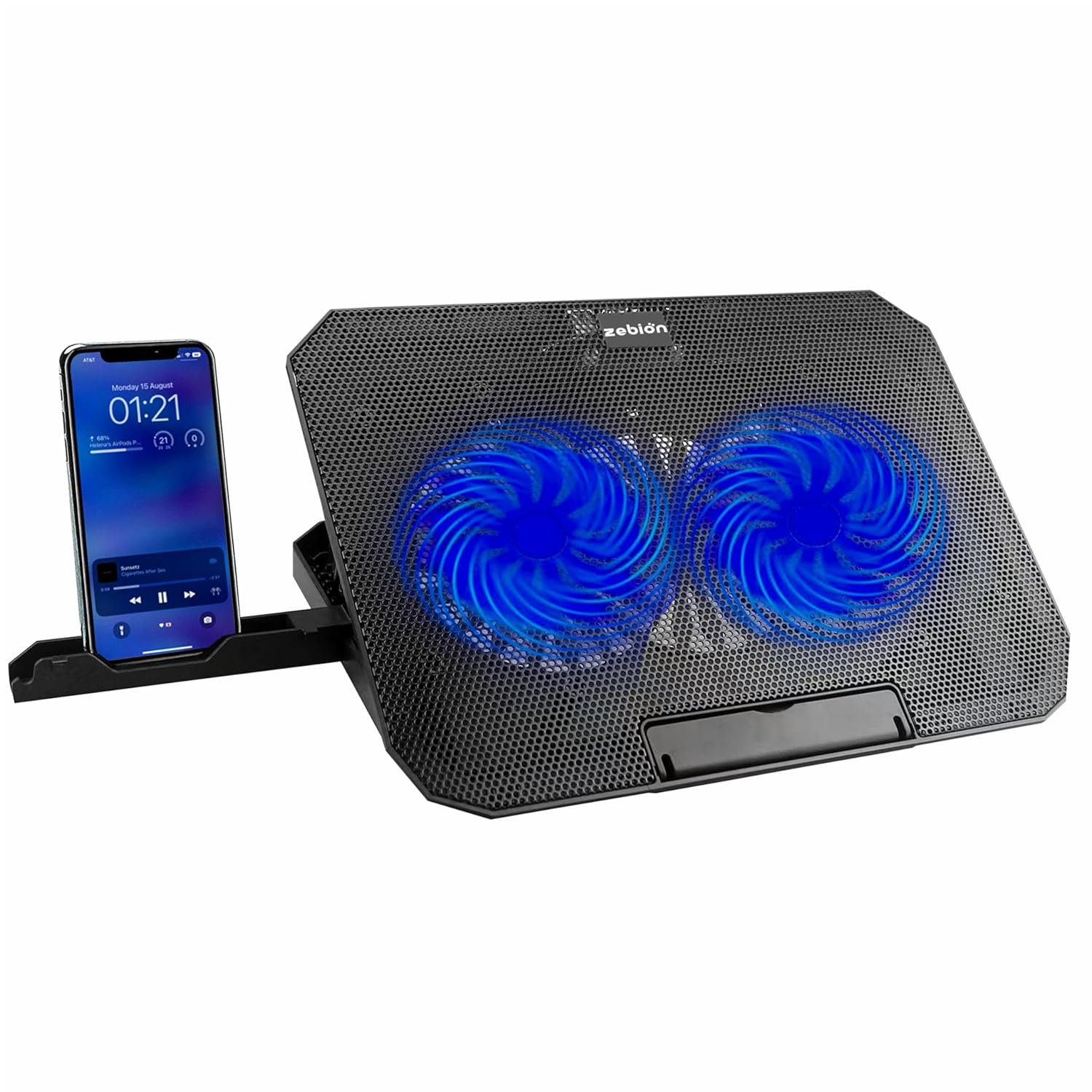 Cooling Pad Zebion ZEFER Z5 | Laptop Cooling Pad with Mobile Stand, Dual Fan, Dual USB Port, Blue LED Lighting, Stand to Hold PC from Slipping, Customizable Height in Multiple Positions