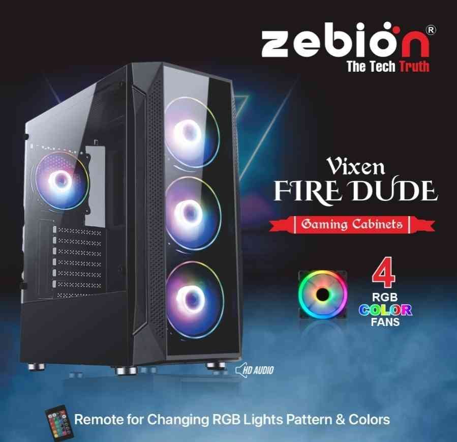 Cabinet Zebion Vixen Fire Dude W/O SMPS Gaming Cabinet, ATX Structure, 4 RGB Color Fans, Remote for Changing RGB Lights Pattern & Colors, Black