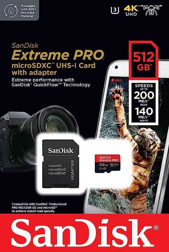 Card MicroSD SanDisk 512GB Extreme PRO SDSQXCD-512G-GN6MA | UHS-I Card with Adapter C10, U3, V30, A2, 200MB/s Read, 140MB/s Write SD Card
