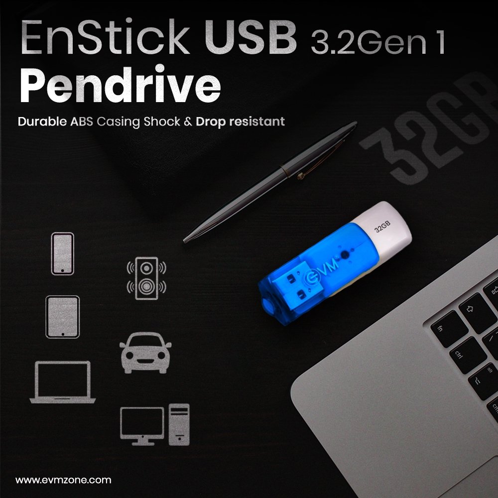 Pendrive EVM EnStick 32GB USB 3.2 Gen 1 EVMPDA3.2/32GB Flash Drive | High Read Speeds Upto 100MB/s & Write Speeds Upto 50MB/s, Universal Compatibility, White + Blue