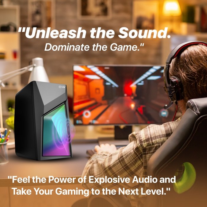 Speaker EVM EnDesk Plus Gaming 2.0 Computer Speaker EVM-BTS-208 | 3W × 23 Power /RMS, Multi Color LED Lights, Volume Controller, Aux & USB 3.5mm Output, 110cm Cable Length, Black