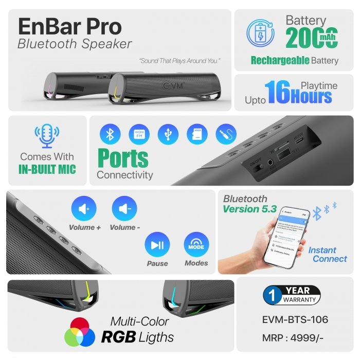 Speaker EVM EnBar Pro Bluetooth Speaker EVM-BTS-106 | 5.3 Bluetooth Version, 16 Hours Playtime, RGB Lights, 24 W RMS, 5.2cm x 2 Speaker Driver, 1200 mAh Battery, Built-in Mic, Black