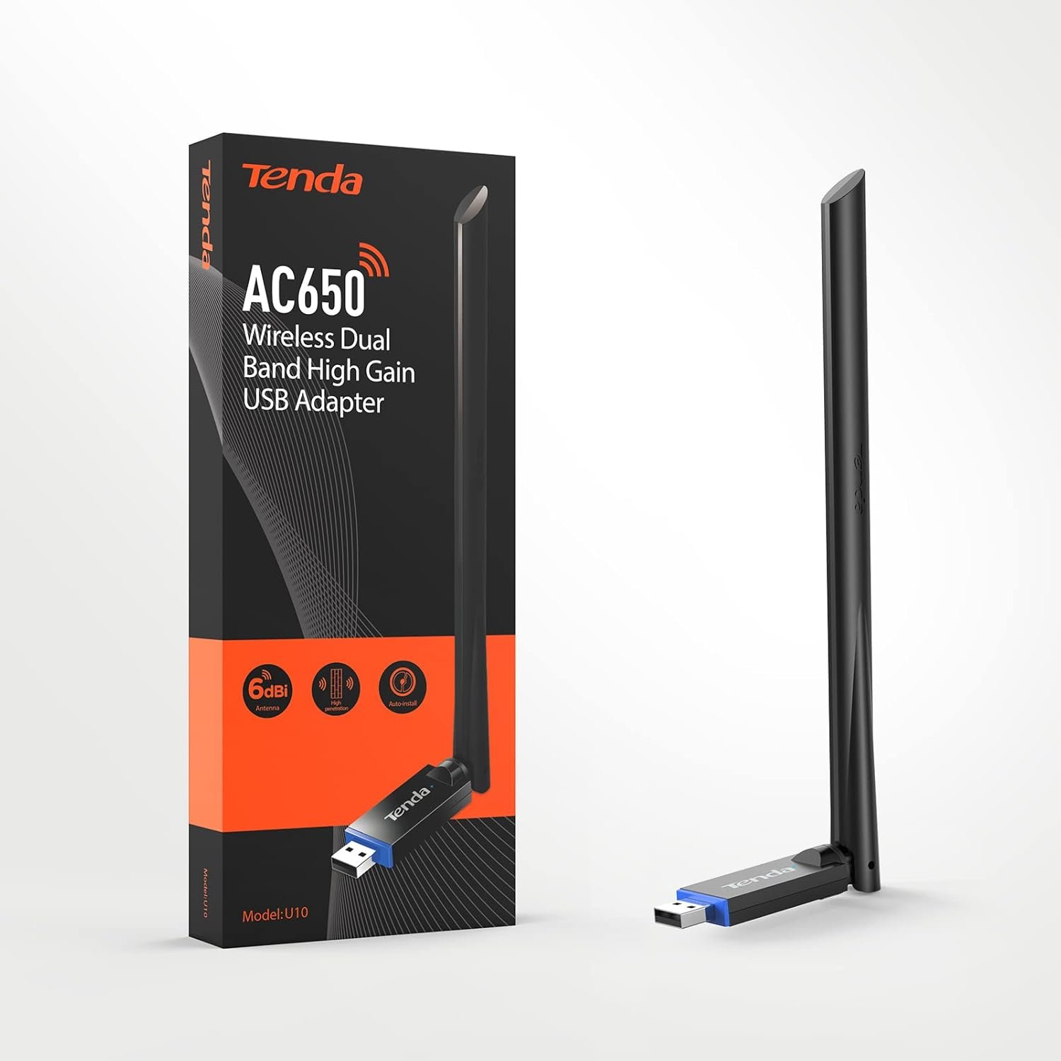 USB Adapter Tenda TE-U10 AC650Mbps Dual-Band Wireless USB Wi-Fi Adapter Dongle, Black