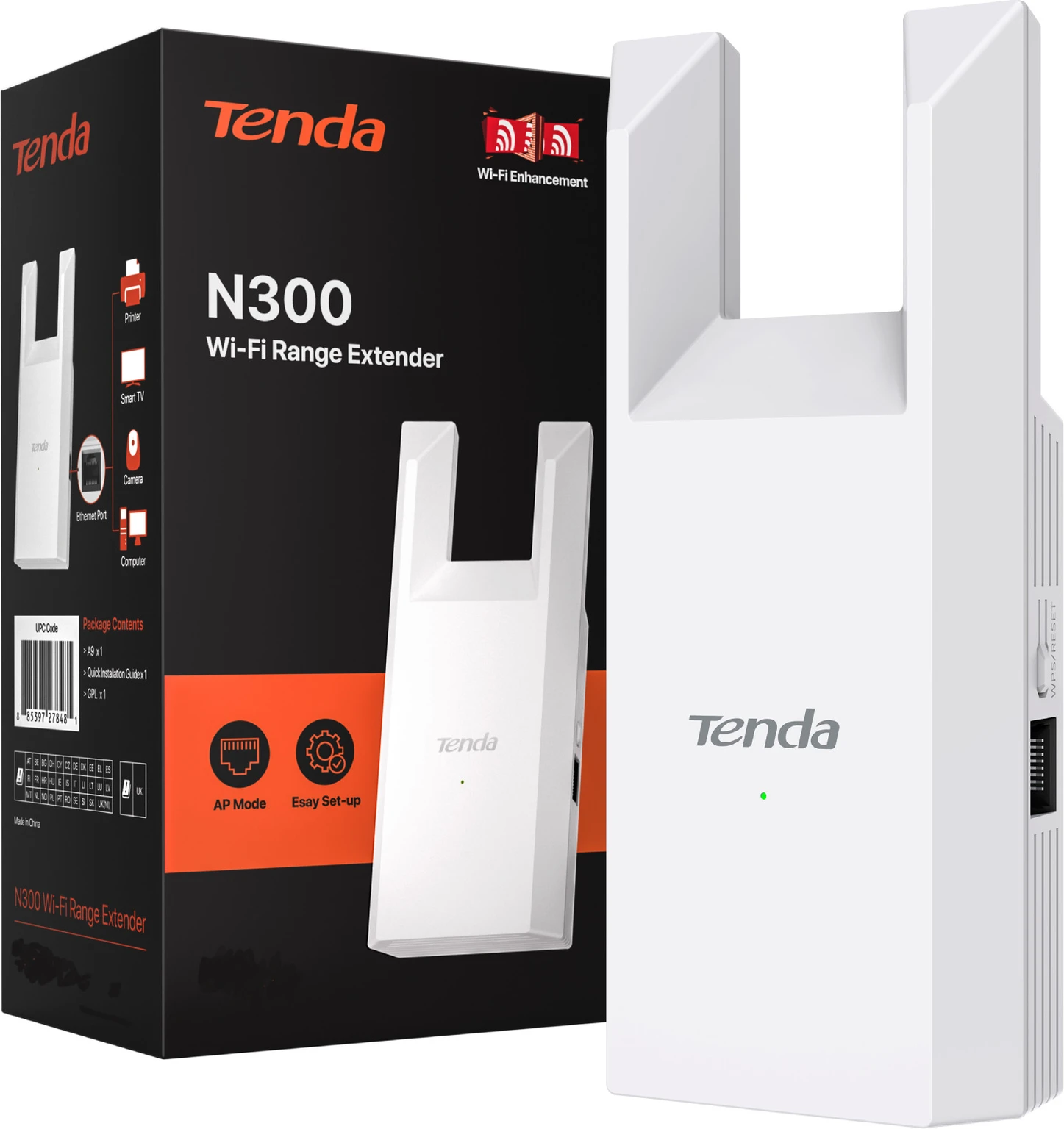 Range Extender Tenda TE-A10 Wireless N300 Universal Wi-Fi Range Extender with Ethernet Port, White