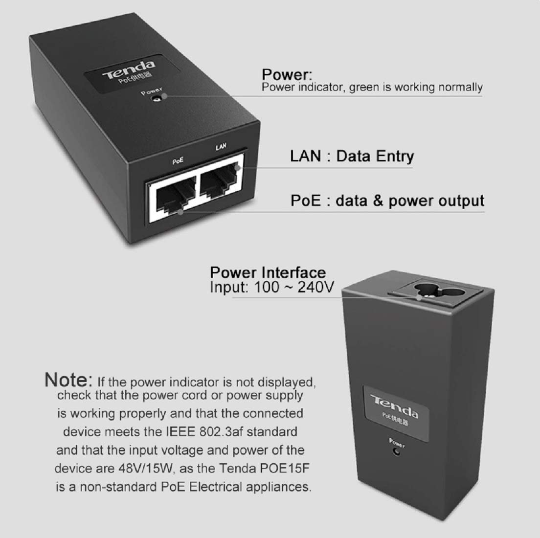 PoE Injector Tenda PoE15F 10/100 Mbps PoE Injector, 15.4W, IEEE 802.3af, RJ-45, Plug & Play, White