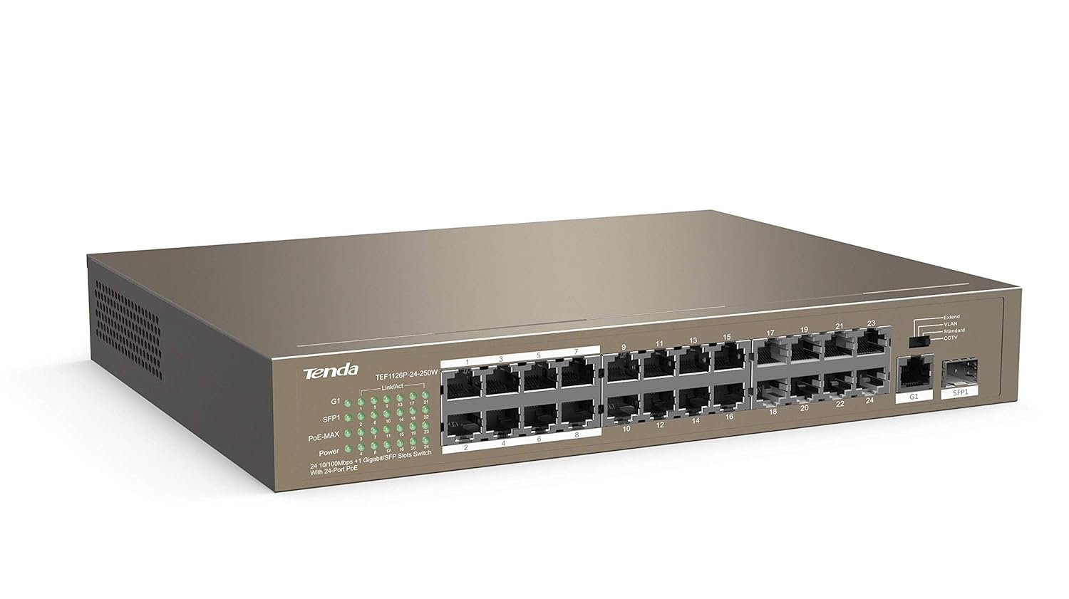 Switch Tenda TEF1126P-24-250W 24-Port 10/100 Mbps PoE Switch + 2 Gigabit Uplink + 1 SFP, 250W