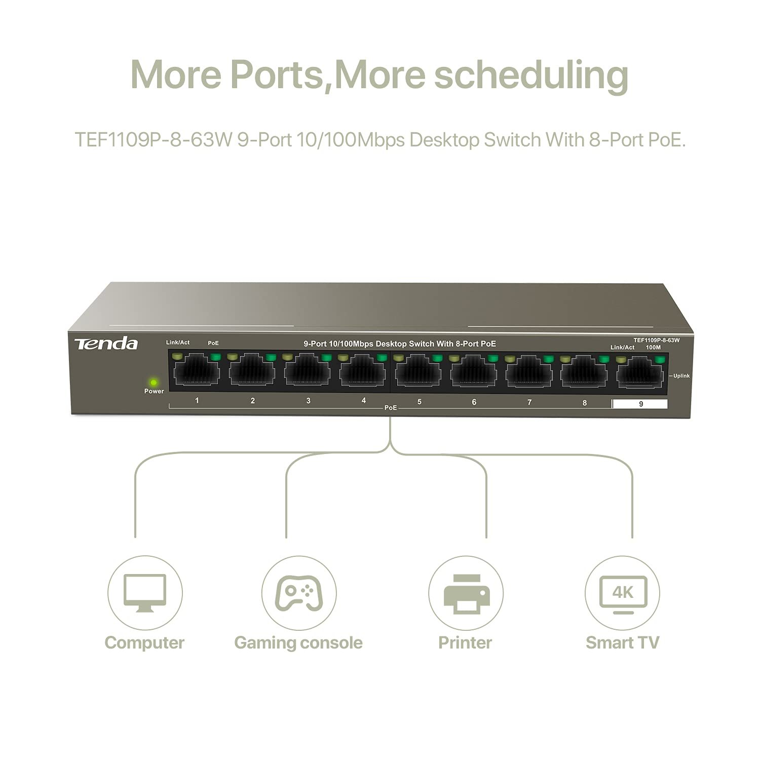 Switch Tenda TEF1109P-8-63w, 9-Port 10/100Mbps Desktop Switch with 8 POE Ports