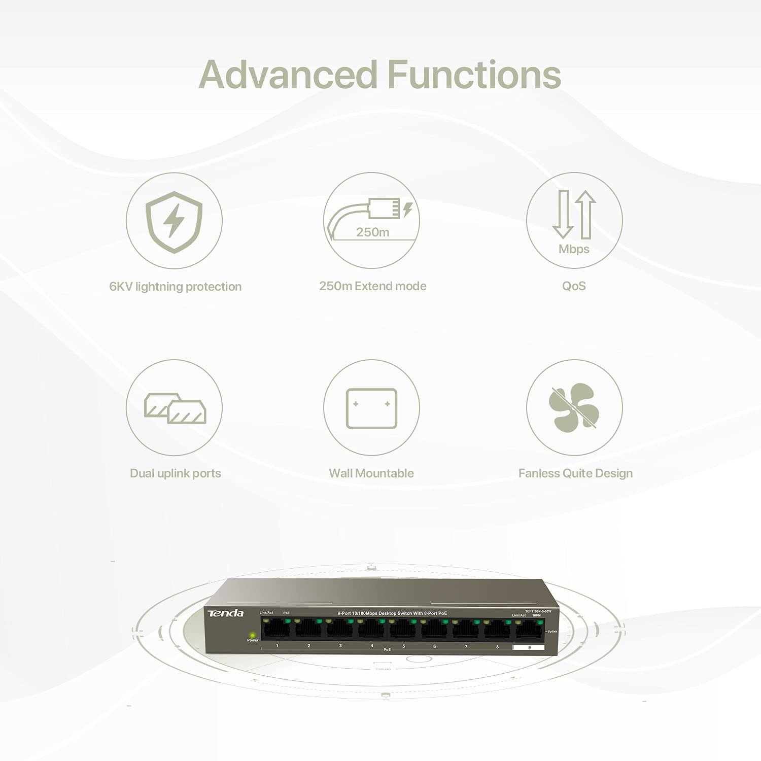 Switch Tenda TEF1109P-8-63w, 9-Port 10/100Mbps Desktop Switch with 8 POE Ports