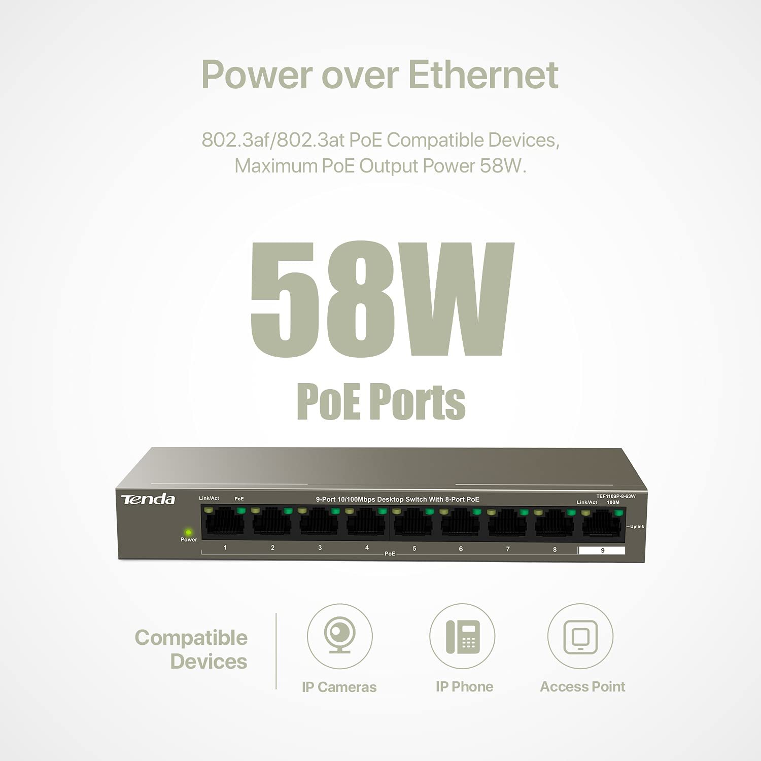 Switch Tenda TEF1109P-8-63w, 9-Port 10/100Mbps Desktop Switch with 8 POE Ports