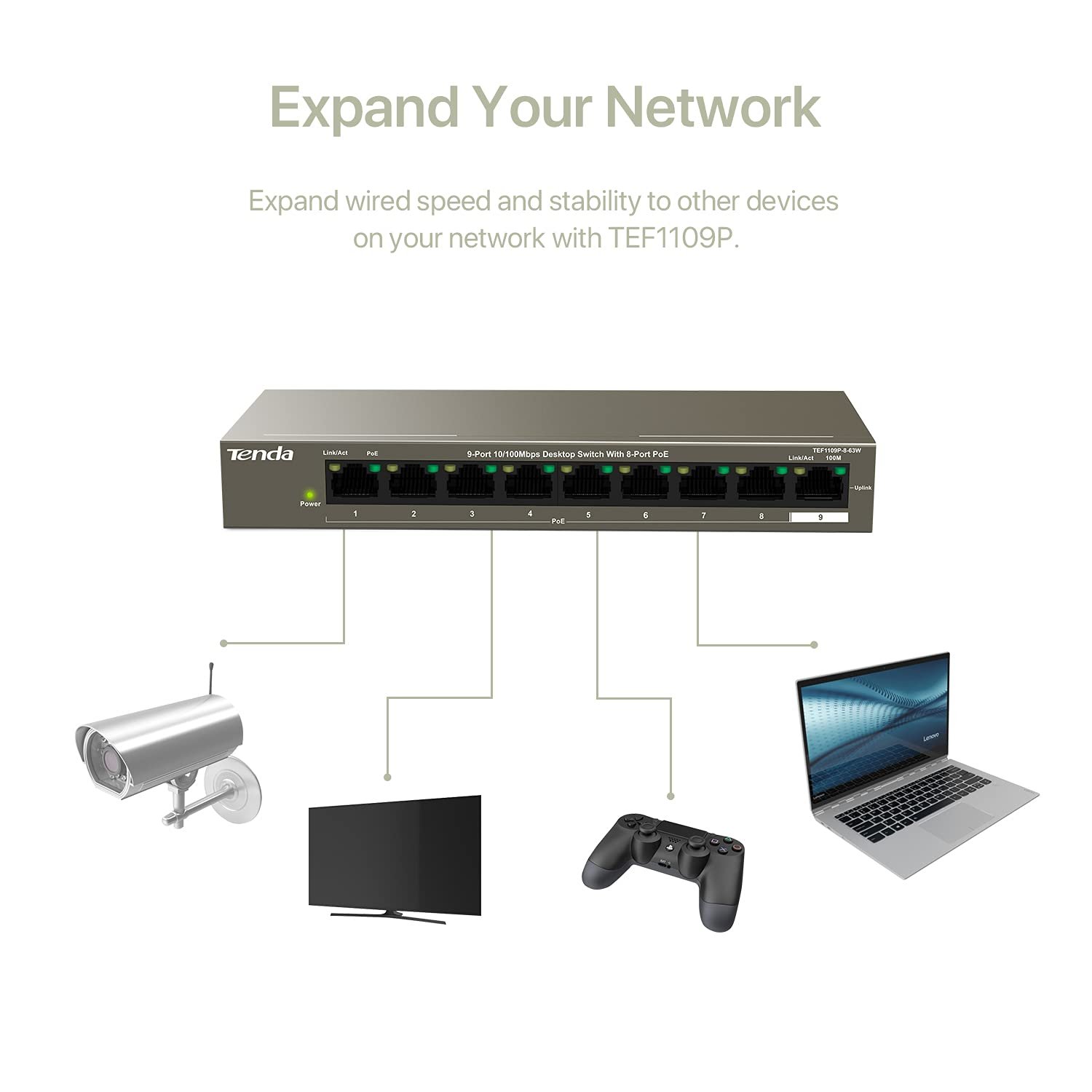 Switch Tenda TEF1109P-8-63w, 9-Port 10/100Mbps Desktop Switch with 8 POE Ports