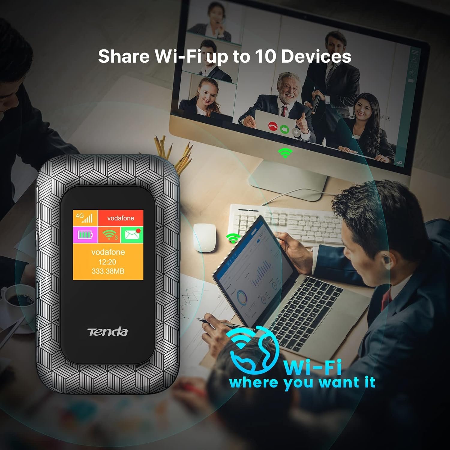 Router Tenda 4G185 4G LTE Mobile Wi-Fi Pocket Router with Display, 2100mAh Battery, Black
