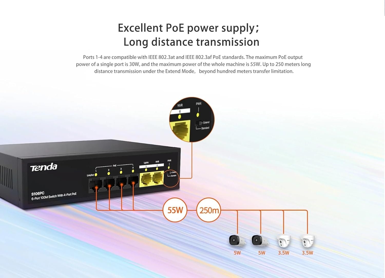 Switch Tenda TEI-S106PC 6-Port 10/100 Mbps Desktop PoE Switch with 4-Port PoE, Black