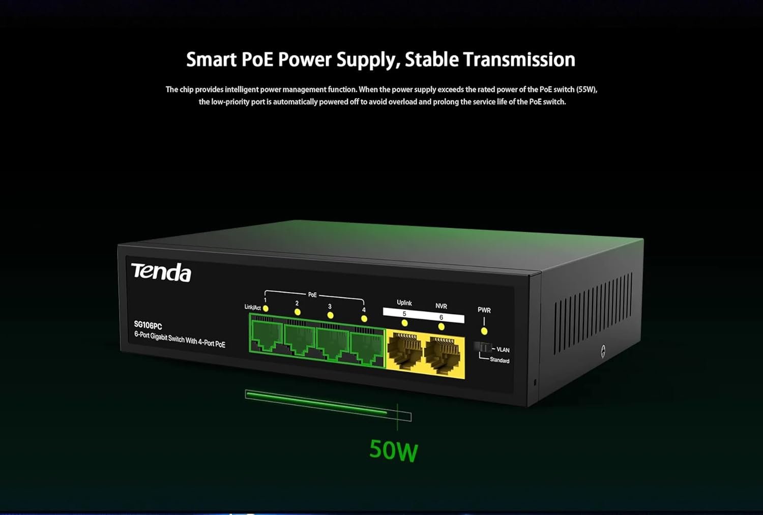 Switch Tenda TEI-SG106PC 6-Port Gigabit Desktop PoE Switch with 4-Port PoE, Black