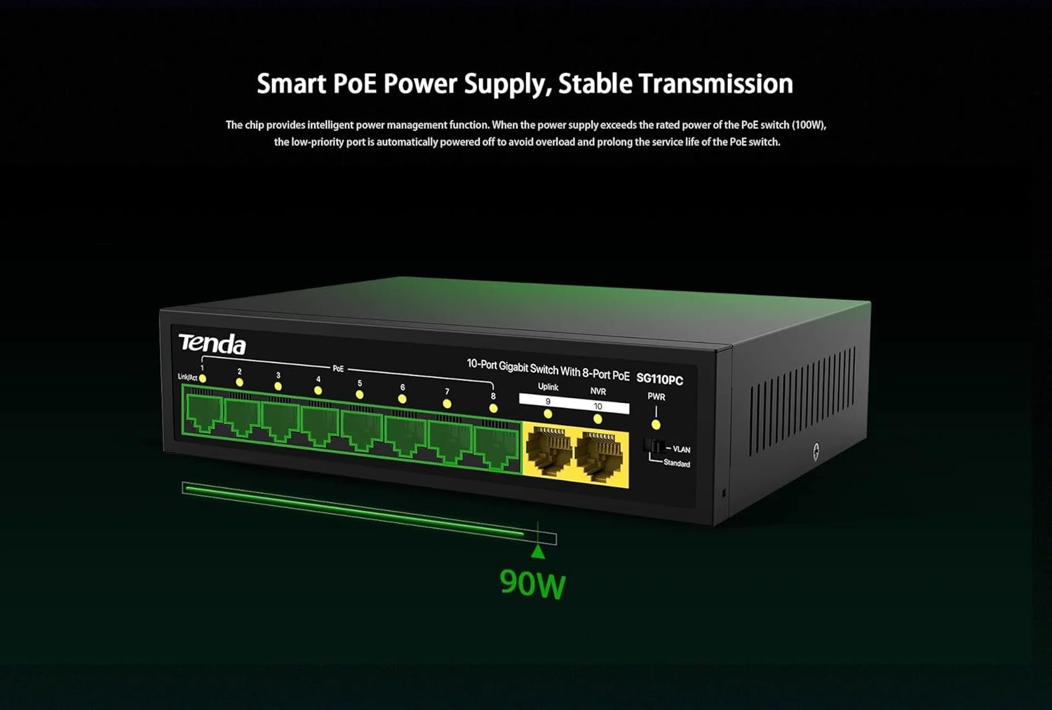 Switch Tenda TEI-SG110PC 10-Port Gigabit Desktop PoE Switch with 8-Port PoE, Black