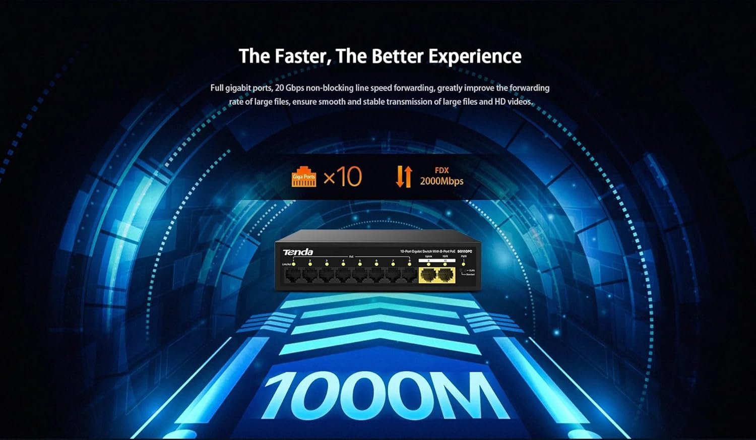 Switch Tenda TEI-SG110PC 10-Port Gigabit Desktop PoE Switch with 8-Port PoE, Black