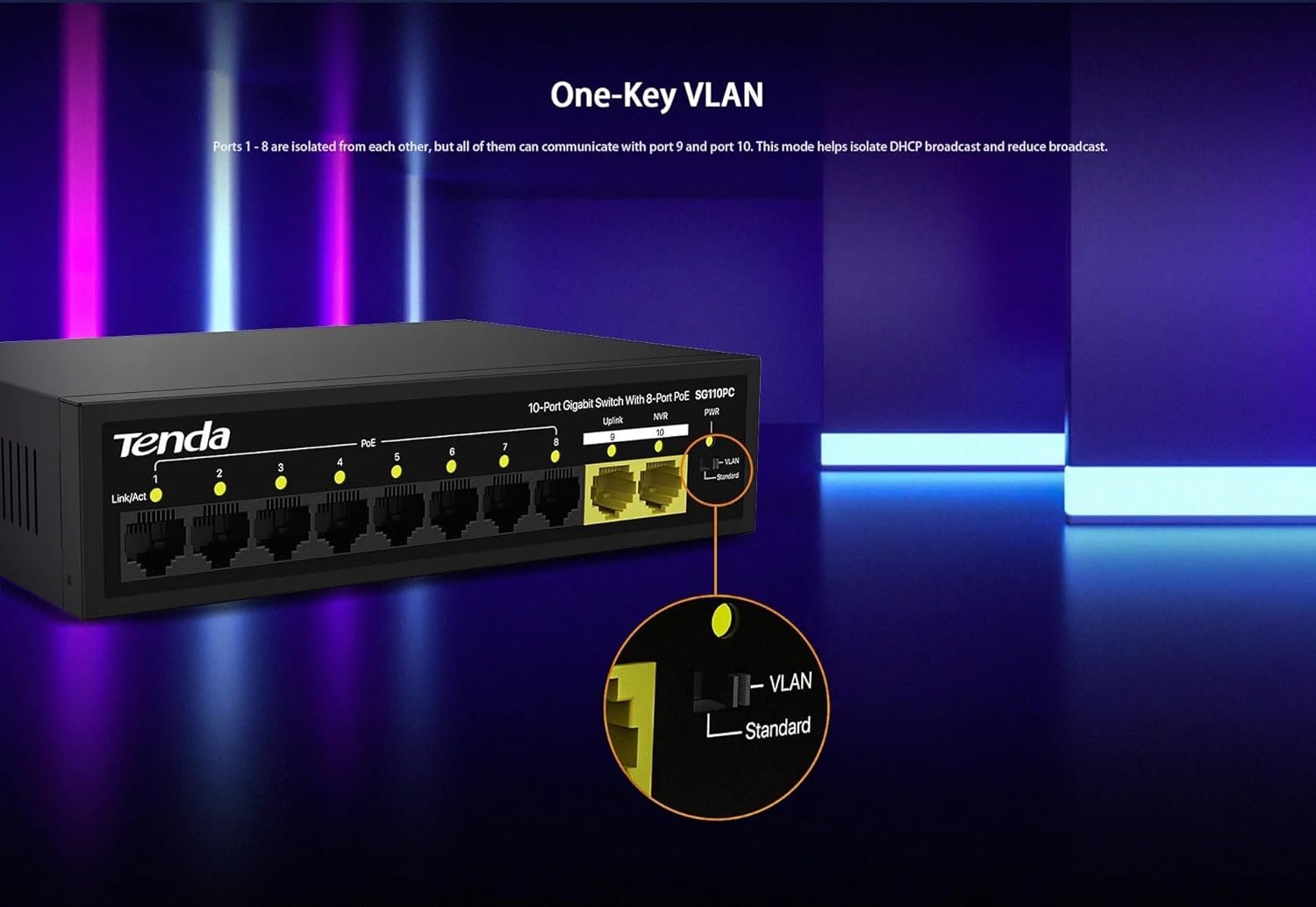 Switch Tenda TEI-SG110PC 10-Port Gigabit Desktop PoE Switch with 8-Port PoE, Black