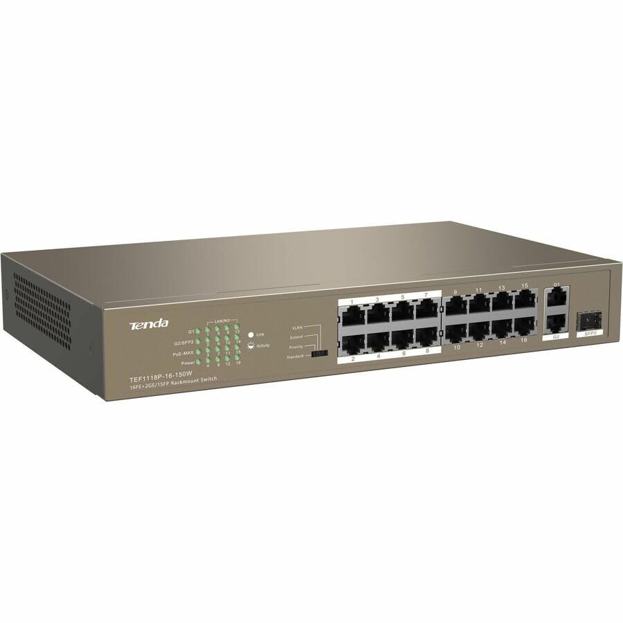 Switch Tenda TEF1118P-16-150W 16-Port 10/100 Mbps PoE Switch with 2 Gigabit Uplink + 1 SFP, 150W