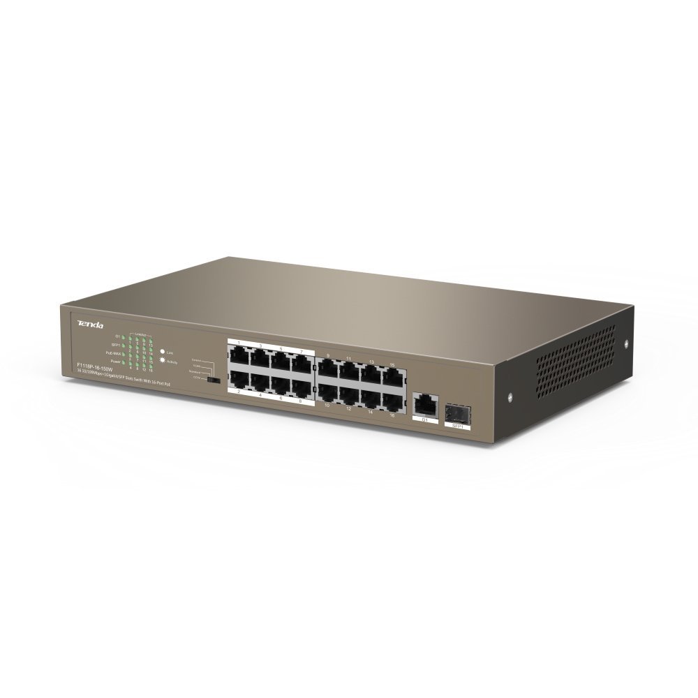 Switch Tenda TEF1118P-16-150W 16-Port 10/100 Mbps PoE Switch with 2 Gigabit Uplink + 1 SFP, 150W