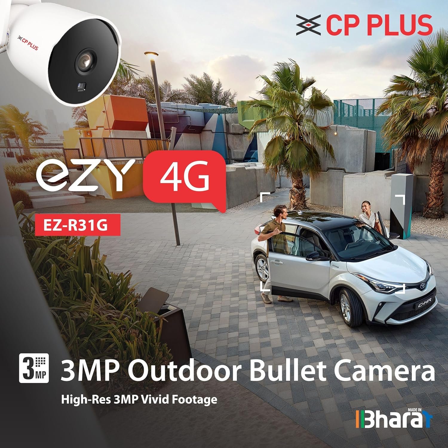 Security Camera CP Plus Ezy EZ-R31G | 3MP 4G Outdoor Bullet Camera, Built-in Mic & Speaker, Built-in Siren, Support Two Way Talk, Support Human Body Detection, ONVIF Support, Support SD Card Upto 256GB, White