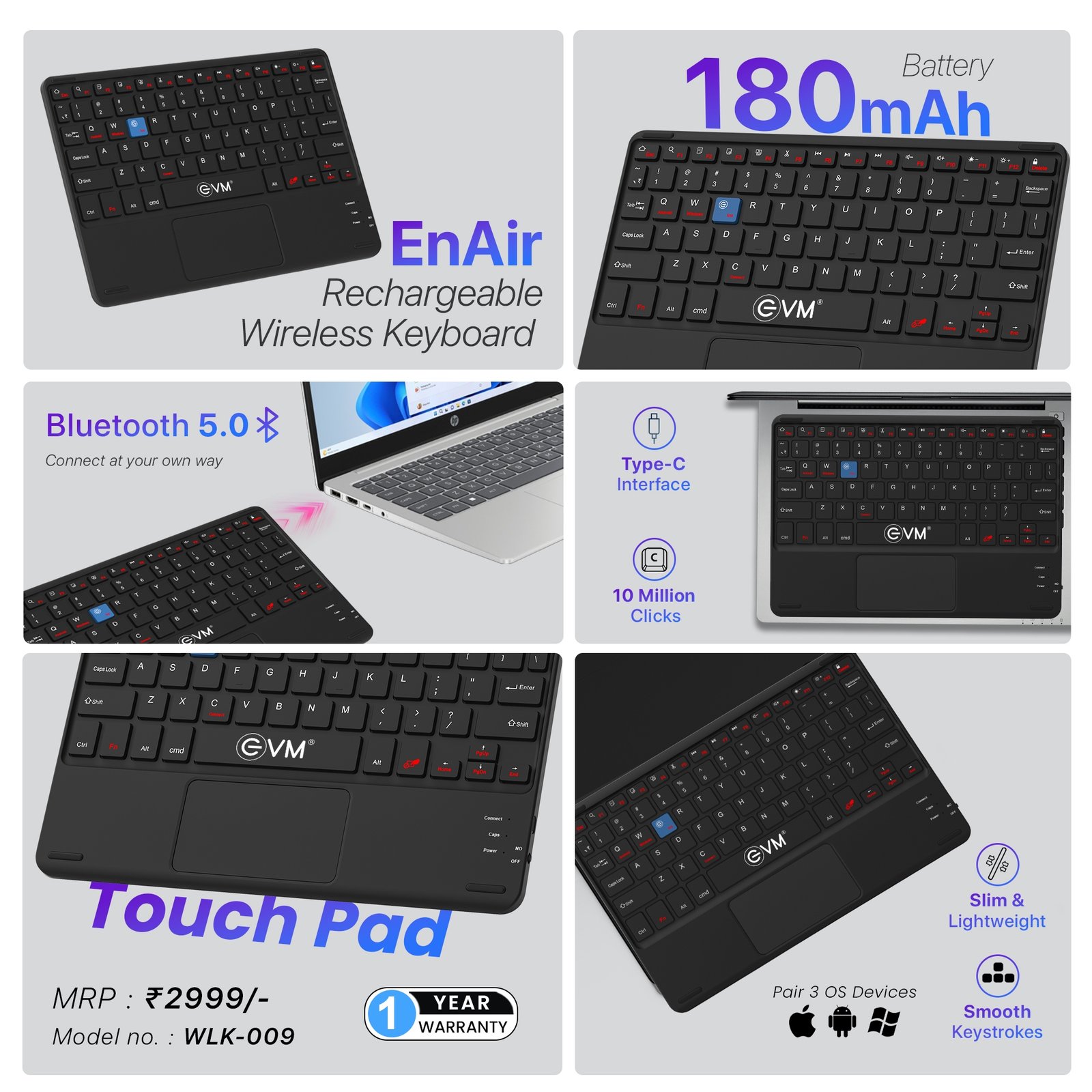 Keyboard EVM EnAir WLK-009 Rechargeable Wireless Keyboard With Touchpad | Bluetooth 5.0 With Type C Interface, 10 Million Clicks, Smooth Keystrokes, Support Windows, MacOS, Android, Linux, Chrome OS, Slim & Lightweight, Black