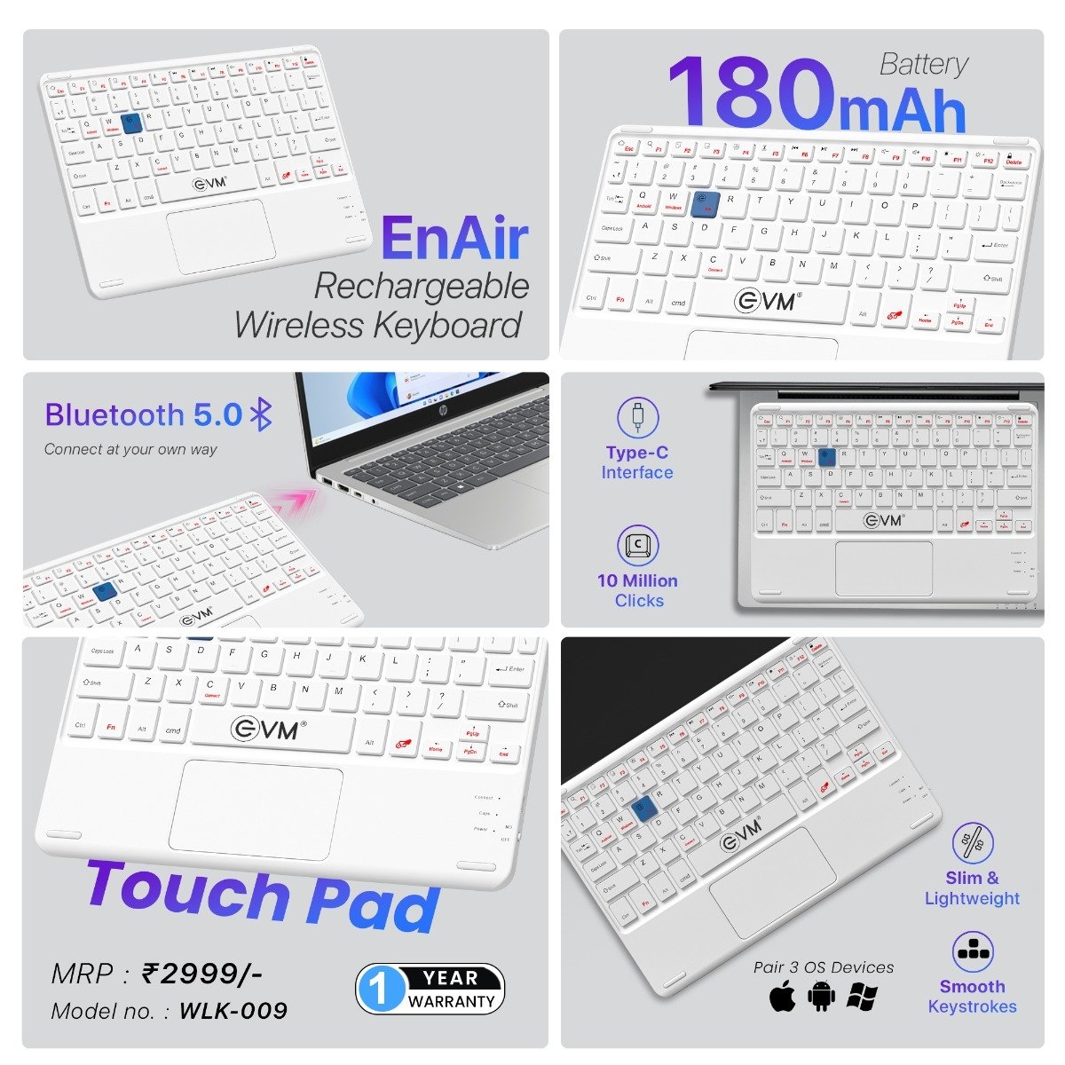 Keyboard EVM EnAir WLK-009 Rechargeable Wireless Keyboard With Touchpad | Bluetooth 5.0 With Type C Interface, 10 Million Clicks, Smooth Keystrokes, Support Windows, MacOS, Android, Linux, Chrome OS, Slim & Lightweight, White