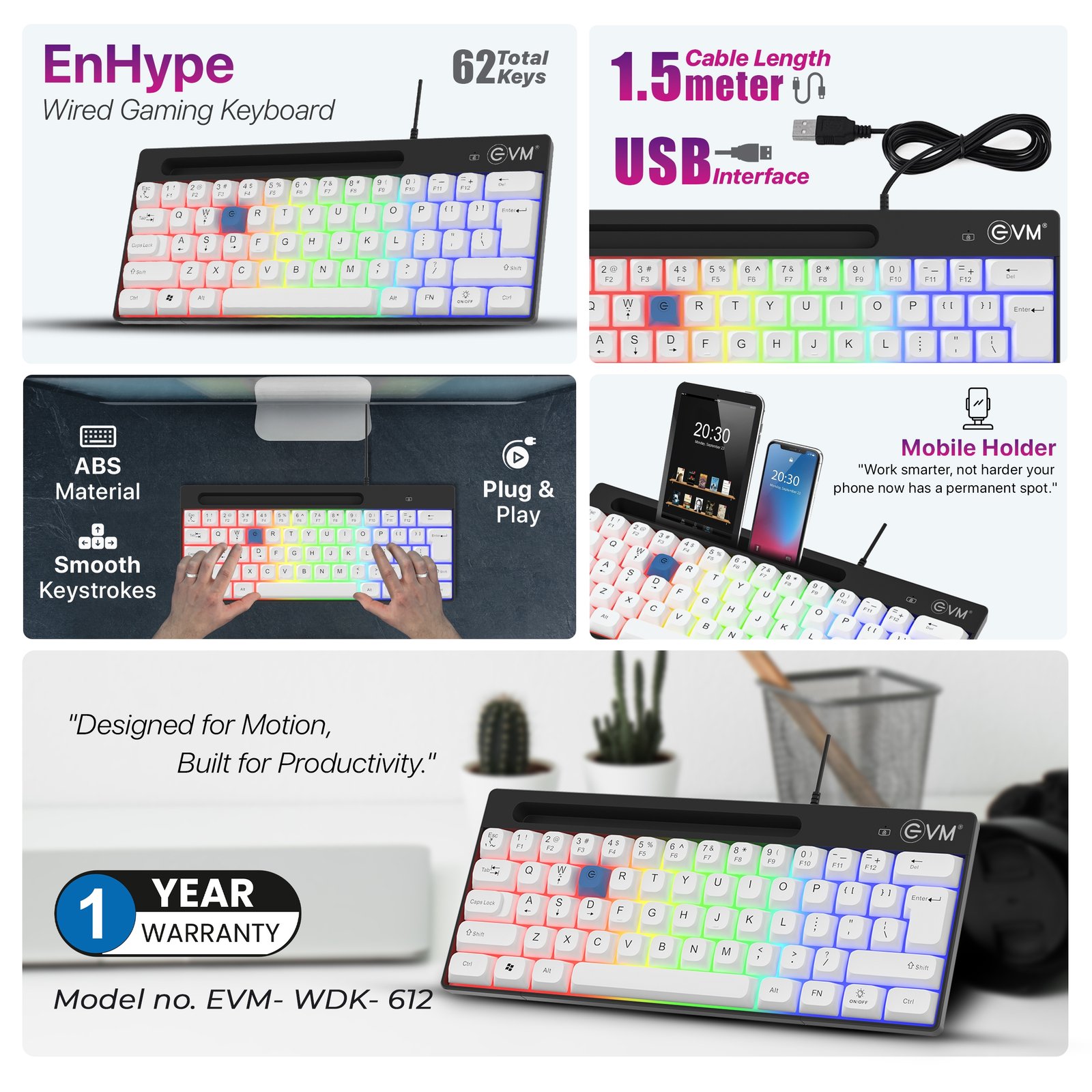 Keyboard EVM EnHype EVM-WDK-612 Wired Gaming Keyboard | 62 Keys, USB Interface, LED Rainbow Backlit, 1.5m Cable Length, Smooth Keystrokes, Mobile Stand, Plug & Play, Black
