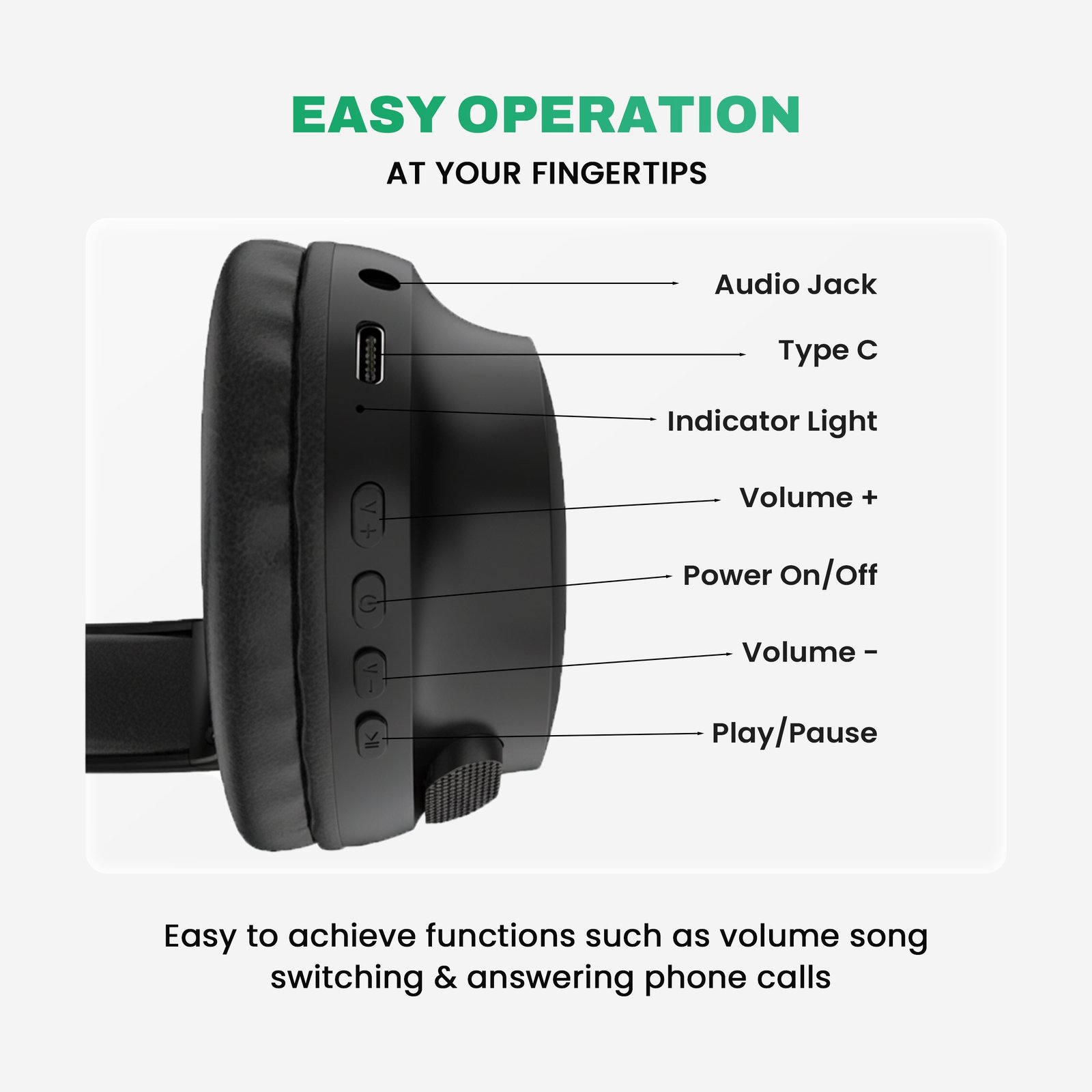 Headphone EVM EnSonic EVM-WHF-01 | Wireless Blutooth Headphone With Mic, 40 Hours Playtime, Dual Connectivity, Bluetooth 5.3 + EDR, 400mAh Rechargeable Battery, Type-C Interface, Aux Cable Interface, Raised Buttons, 40mm Speaker Driver, Black
