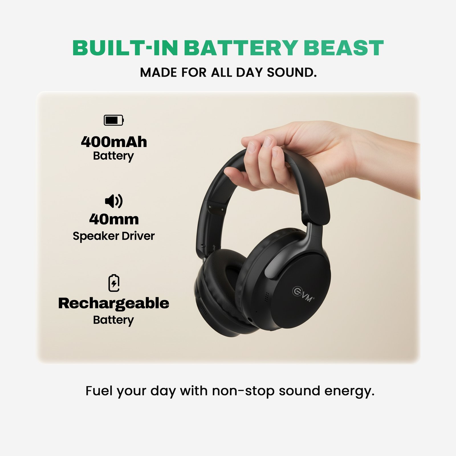 Headphone EVM EnSonic EVM-WHF-01 | Wireless Blutooth Headphone With Mic, 40 Hours Playtime, Dual Connectivity, Bluetooth 5.3 + EDR, 400mAh Rechargeable Battery, Type-C Interface, Aux Cable Interface, Raised Buttons, 40mm Speaker Driver, Black