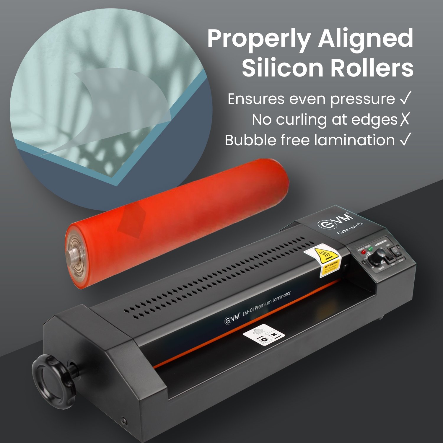 Lamination Machine EVM LM-01 | A3/A4 hot & cold lamination, heats in 3–5 mins, 0.35m/min speed, forward & reverse control, 620W power, supports up to 1mm thickness, wrinkle & bubble-free output, durable design, black