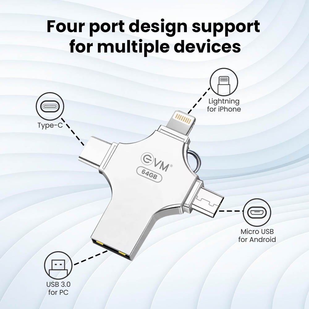Pendrive EVM 64GB EnStore 4 in 1 OTG USB 3.0 Flashdrive | Read Speed of 100Mb/s with Light-ning, Micro USB, USB A, Type-C Connector, Silver