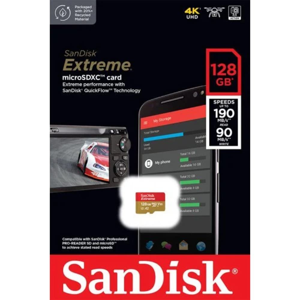 Card MicroSD SanDisk Extreme 128GB microSDXC UHS-I Memory Card - 190MB/s, C10, U3, V30, 4K, A2 | SDSQXAA-128G-GN6MN