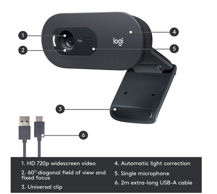 Webcamera Logitech C505 HD | 720p HD External USB Camera for Desktop or Laptop with Long-Range Microphone, Compatible with PC or Mac - Grey