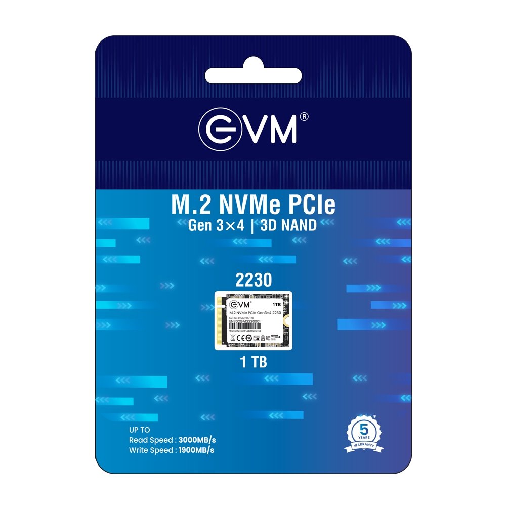 Harddisk EVM EVMNV30/1TB M.2 NVME PCle Gen 3x4 (2230) SSD | 3D NAND Flash, High Speed Performance Up to 3000MB/s Read & 1900MB/s Write Speed