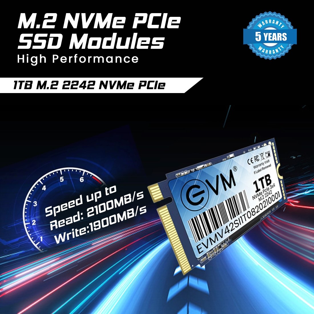 Harddisk EVM EVMNV42/1TB M.2 NVME PCle Gen 3x4 (2242) SSD | 3D NAND Flash, High Speed Performance Up to 2100MB/s Read & 1900MB/s Write Speed, SATA III 6Gb/s Interface, Black