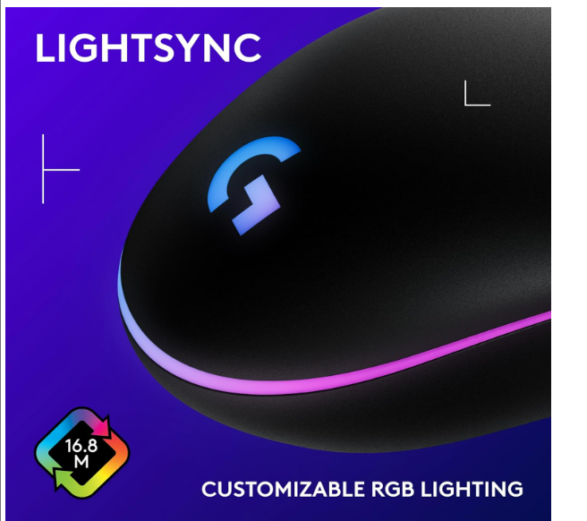 Mouse Logitech G203 Lightsync Gaming | Wired, 6 programmable buttons, Easy customization, Dynamic screen sampling, Audio visualizer, Gaming grade sensor, Optimized button tensioning, 8000 DPI, Rainbow Optical Effect LIGHTSYNC RGB