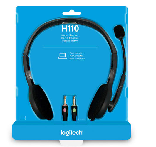 Headset Logitech H110 Wired | Stereo Headphone | Noise Cancelling Mic | 3.5mm Dual Audio Jack | PC/Mac/Laptop, Grey