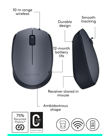 Mouse Logitech M170 Wireless, 2.4 GHz with USB Nano Receiver, Optical Tracking, 12-Months Battery Life, Ambidextrous, PC / Mac / Laptop - Black