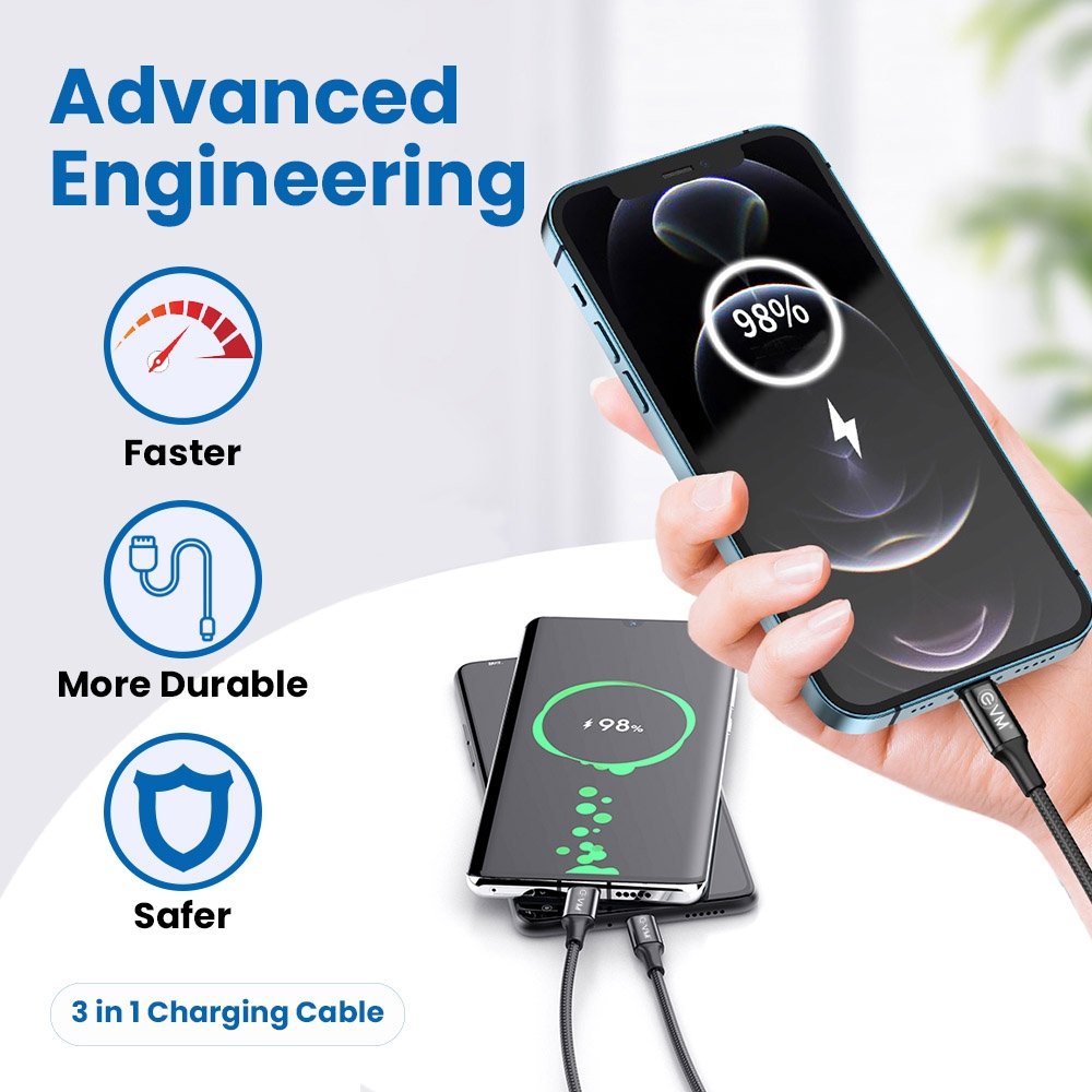 Cable EVM 3-in-1 (Micro USB + Lightning + Type C) Charging Cable 1.2Mtr EVM-M-3 Nylon Braided With Metal Head | High Speed, Sturdy & Durable, Tangle Free, 10,000+ Bend