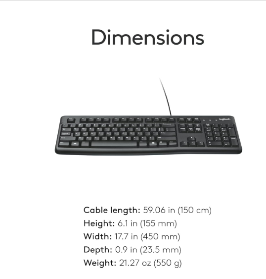 Keyboard Logitech K120 Wired for Windows, USB Plug-and-Play, Full-Size, Spill-Resistant, Curved Space Bar, Compatible with PC, Laptop | Adjustable Tilt Legs & Quite Typing | Color Black