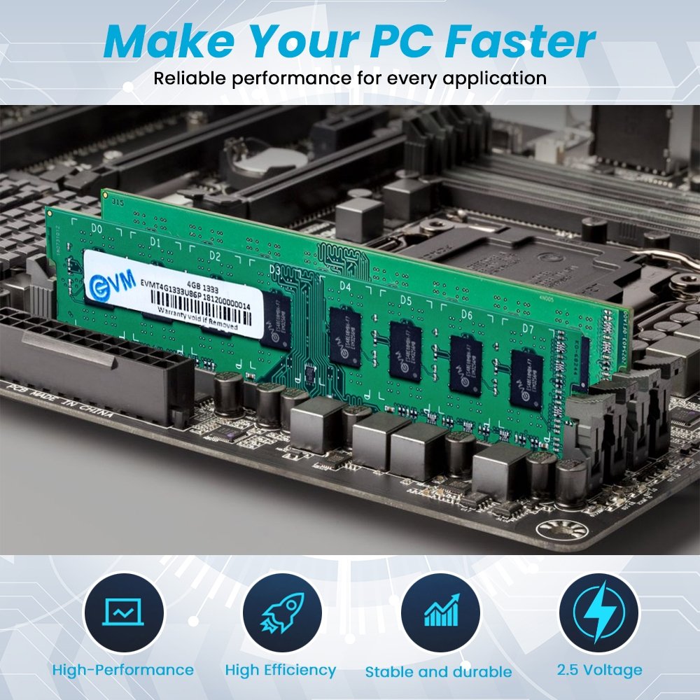 RAM EVM 4GB DDR3 1333MHz Desktop EVMT4G1333U86P | Long-DIMM Memory, Boost Computer Speed & Performance with Low Latency and Durable Design