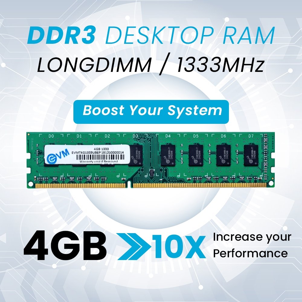 RAM EVM 4GB DDR3 1333MHz Desktop EVMT4G1333U86P | Long-DIMM Memory, Boost Computer Speed & Performance with Low Latency and Durable Design