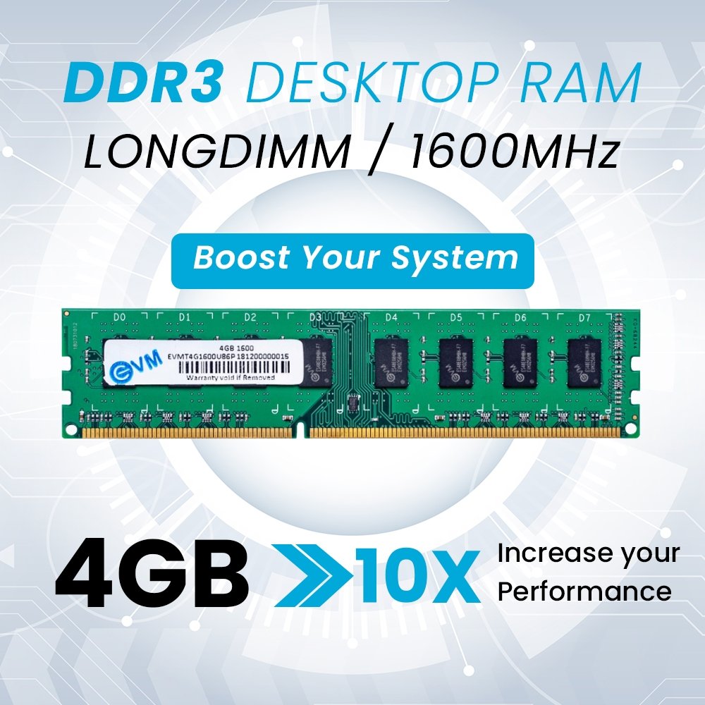 RAM EVM 4GB DDR3 1600MHz Desktop EVMT4G1600U86P | Long-DIMM Memory, High-Speed Performance, Low Voltage Requirement